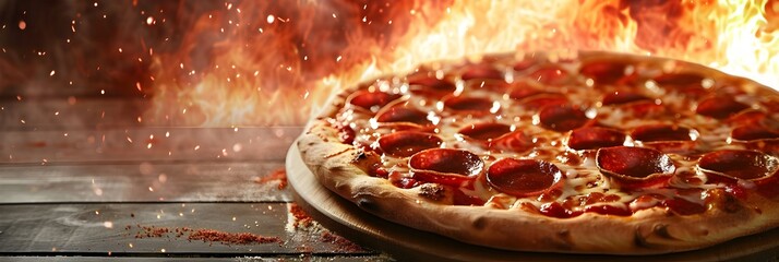 Hot pizza with melting cheese and pepperoni - Freshly baked pizza with melting cheese and pepperoni slices, depicted in a fiery oven, signifying delicious hot food