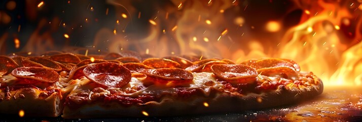 Sizzling hot pepperoni pizza with fire - A mouthwatering scene of a cheesy pepperoni pizza against an intense, fiery backdrop, suggesting a fresh hot pizza ready to be enjoyed - obrazy, fototapety, plakaty