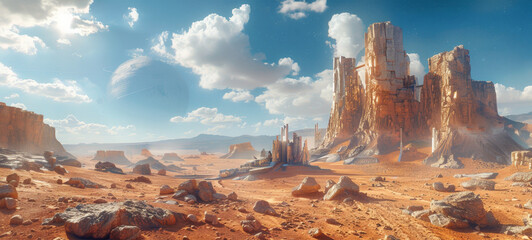 A breathtaking panorama of a mystical desert landscape, adorned with towering rock formations under a vibrant sky.