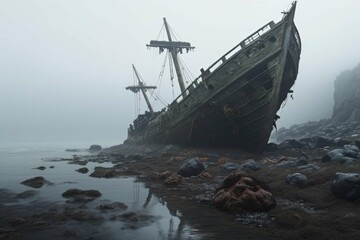 Haunted shipwreck on misty shore