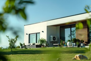 Residential green building with a groundsource heat pump showcasing ec. Concept Green Building, Groundsource Heat Pump, Energy Efficiency, Residential Construction, Environmentally Friendly