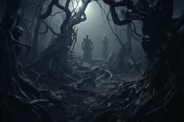 Haunted forest with ghostly apparitions and twisted trees.
