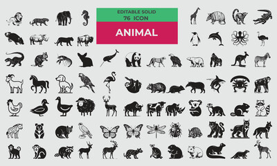 76 Solid Icons for Animal  set in fill style. Excellent icons collection. Vector illustration.  - obrazy, fototapety, plakaty
