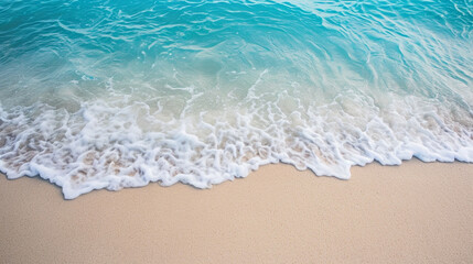 Fototapeta na wymiar beautiful sandy beach and soft blue ocean wave . Generative Ai