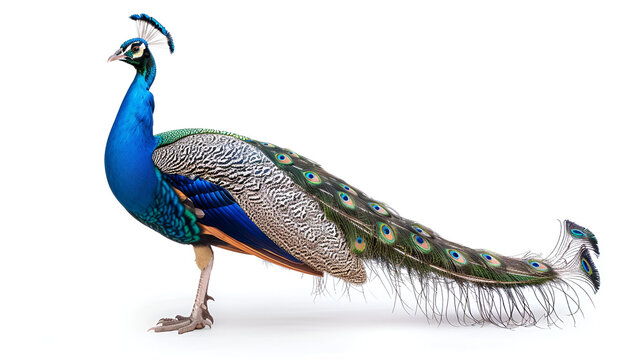 Male Indian Peacock displaying tail feathers Isolated on white, generative ai