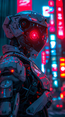 Mecha Guardian, futuristic armor, sentinel protecting cyberspace, against a neon-lit cityscape Realistic, backlight, chromatic aberration Depth of field bokeh effect