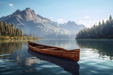 Wooden canoe on a calm lake with mountains - obrazy, fototapety, plakaty