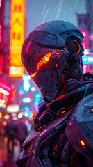 Fototapeta na wymiar Mecha Guardian, futuristic armor, sentinel protecting cyberspace, against a neon-lit cityscape Realistic, backlight, chromatic aberration Depth of field bokeh effect