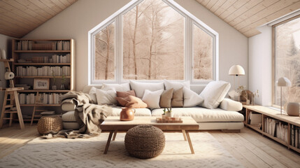 Interior of attic living room with window and sofa - obrazy, fototapety, plakaty