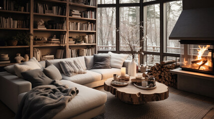 Cozy living room interior with fireplace, bookshelves and comfortable sofa - obrazy, fototapety, plakaty