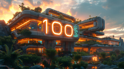 a tall building with the number 100 lit up on its side. The building has a neon orange hue and is surrounded by plant and rocks.  - obrazy, fototapety, plakaty