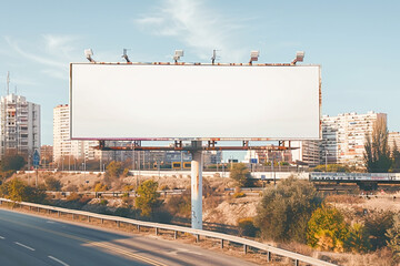 Obraz premium City highway billboard mockup, white poster frame, urban marketing template, transportation display.