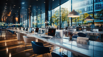 Interior of a modern office building with tables, chairs and computers