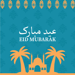 Fototapeta na wymiar Eid ul fitr Social Media Post Design - Eid Mubarak instagram post - Eid Mubarak post mosque lanterns date tree vector illustation .Eid Banner Design