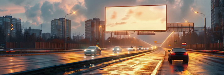 Highway billboard advertisement, blank mockup template, city street backdrop, urban marketing.