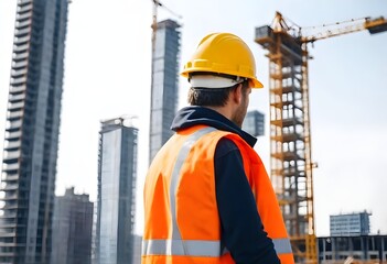A construction worker with safety helmet looking at the construction site

