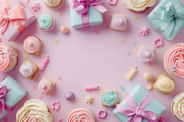 Festive birthday background with cupcakes and gifts with ample space for text