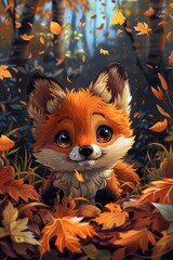 A chibi fox pup playing hide and seek in the autumn leaves