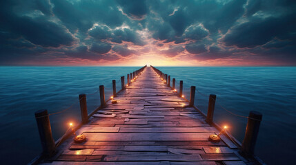Wooden jetty leading into the sea at sunset,