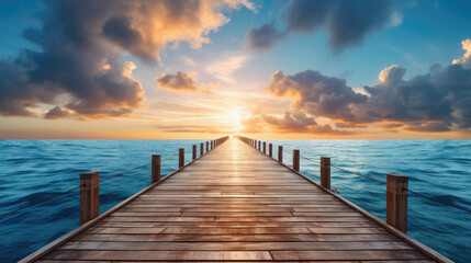 Wooden pier in the sea at sunset with clouds and sun .