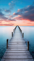 Wooden pier leading to the sea at sunset. Beautiful seascape .