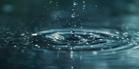 A drop of water, magnified to show intricate structure; close-up view of a drop falling into a body of calm water - obrazy, fototapety, plakaty