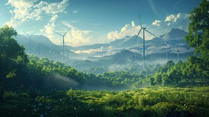 A public service announcement graphic about renewable energy, with wind turbines as tree analogues in a digital forest