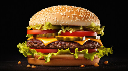 Big hamburger on a black background, close-up, horizontal