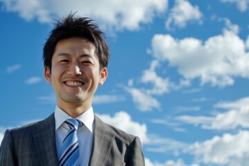 青空背景の笑顔の日本人の男性ビジネスマンのポートレート（スーツ・若手・新人・新入社員） - obrazy, fototapety, plakaty