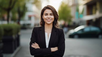 Young, attractive, smiling, self-assured, optimistic, and cheerful businesswoman standing outside on a street with her arms crossed and facing the camera .