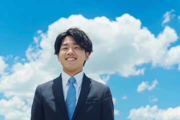 青空背景の笑顔の日本人の男性ビジネスマンのポートレート（スーツ・若手・新人・新入社員）