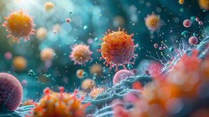 Fototapeta na wymiar A microscale epic where immune cells ride on vitamin crystals, charging into battle against invading viruses