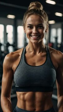 beautiful fit woman in the gym smiling while looking at the camera