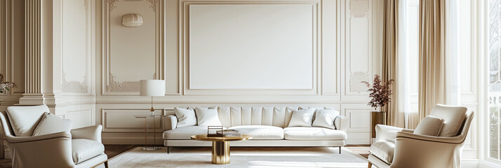 Elegant home interior, Classic style poster mockup, empty frame, stylish decor.