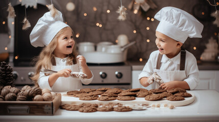 Cute little children are preparing cookies in the kitchen at home .