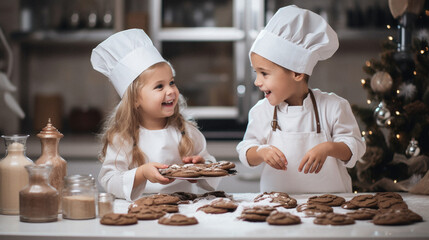 Cute little children in chef hats looking at each other while cooking cookies in kitchen