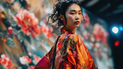 Asian fashion model at a fashion show. - obrazy, fototapety, plakaty
