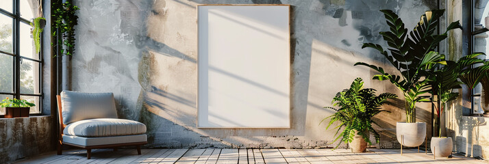 Poster mockup in urban loft interior, minimalist home decor, blank wall.