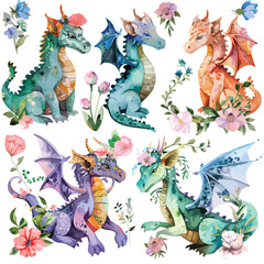 Floral Dragons Watercolor Clipart clipart isolate