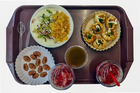 Pani Puri, Golgappe, Chat item. Dahi vada or bhalla from South Asia. Dates and Juices.