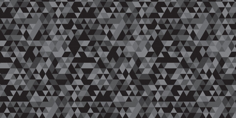 Abstract geometric black and gray background seamless mosaic and low polygon triangle texture wallpaper. Triangle shape retro wall grid pattern geometric ornament tile vector square element.