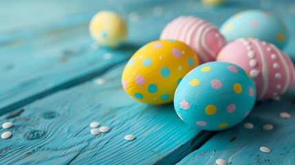 Fototapeta na wymiar (vibrant easter egg display: colorful eggs arranged on blue wooden surface, festive spring decoration