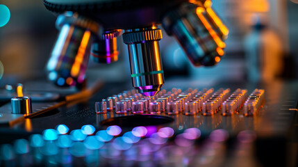 Close-up of a microscope lens examining microarray slides, a crucial tool in genomic research and medical diagnostics..