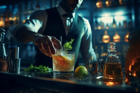 Bartender mixing signature cocktail at trendy bar