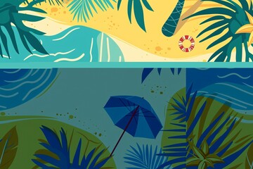 Fototapeta na wymiar a beach with palm trees and umbrellas