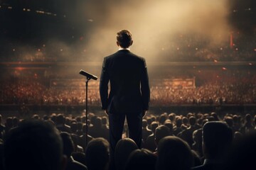 Businessman giving a motivational speech to a large audience. - obrazy, fototapety, plakaty