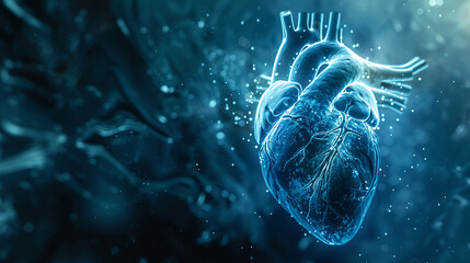 Virtual heart with luminous oxygen pathway, serene blue tones, eye-level, clear focus