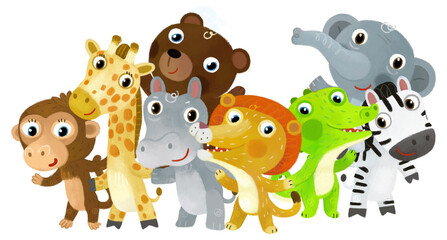 Cartoon zoo scene with zoo animals friends together in amusement park on white background with space for text illustration for children