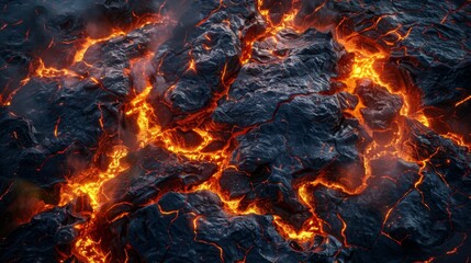 Dramatic aerial view of a volcanic eruption crater with glowing molten lava and smoke, showcasing nature's raw power. - obrazy, fototapety, plakaty