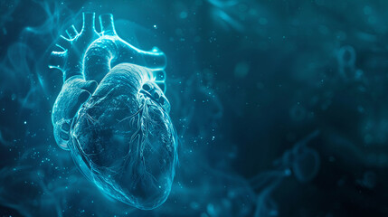 Virtual heart with luminous oxygen pathway, serene blue tones, eye-level, clear focus